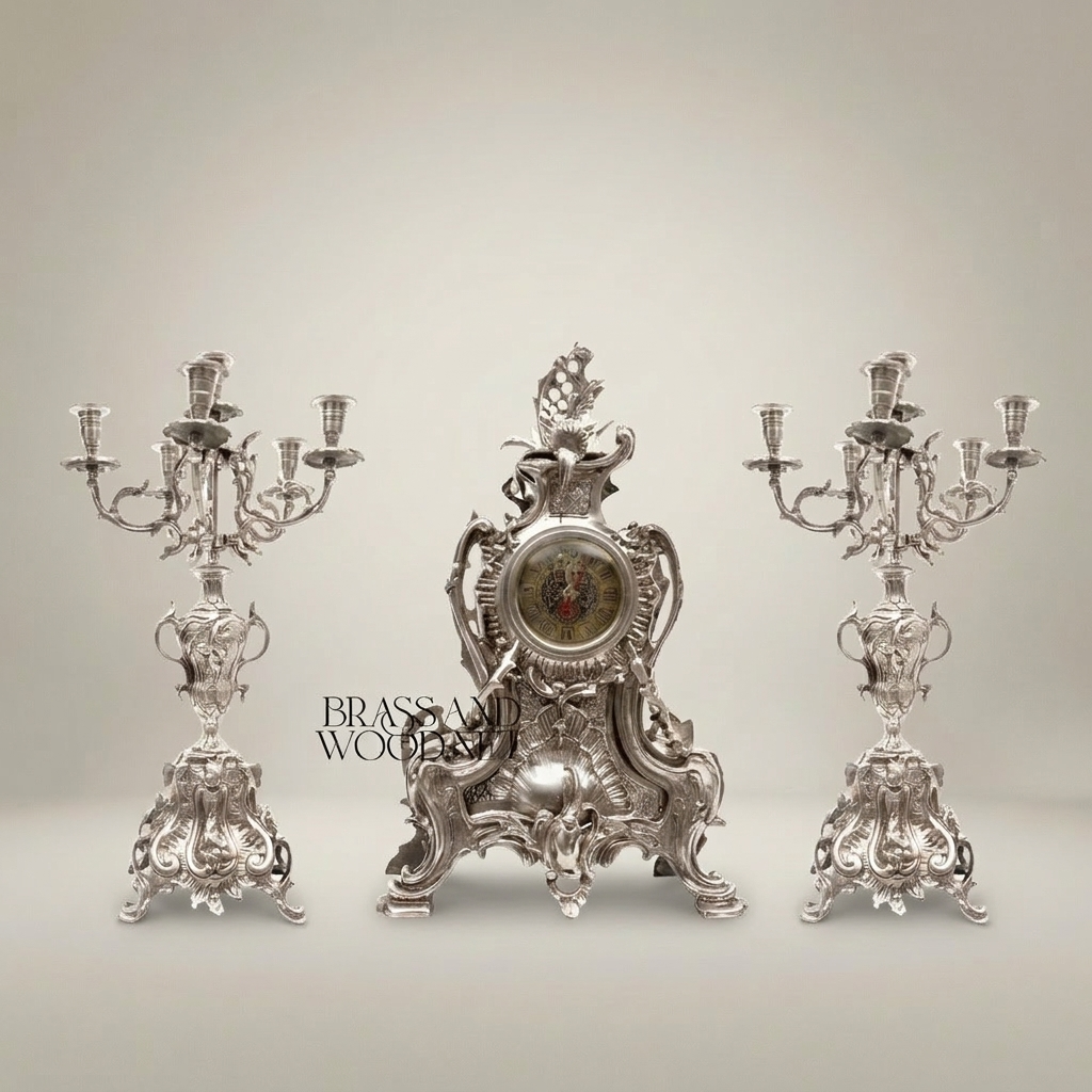 Louis XV Rococo Gilt Brass Mantel Clock Garniture with Five-Arm Candelabra