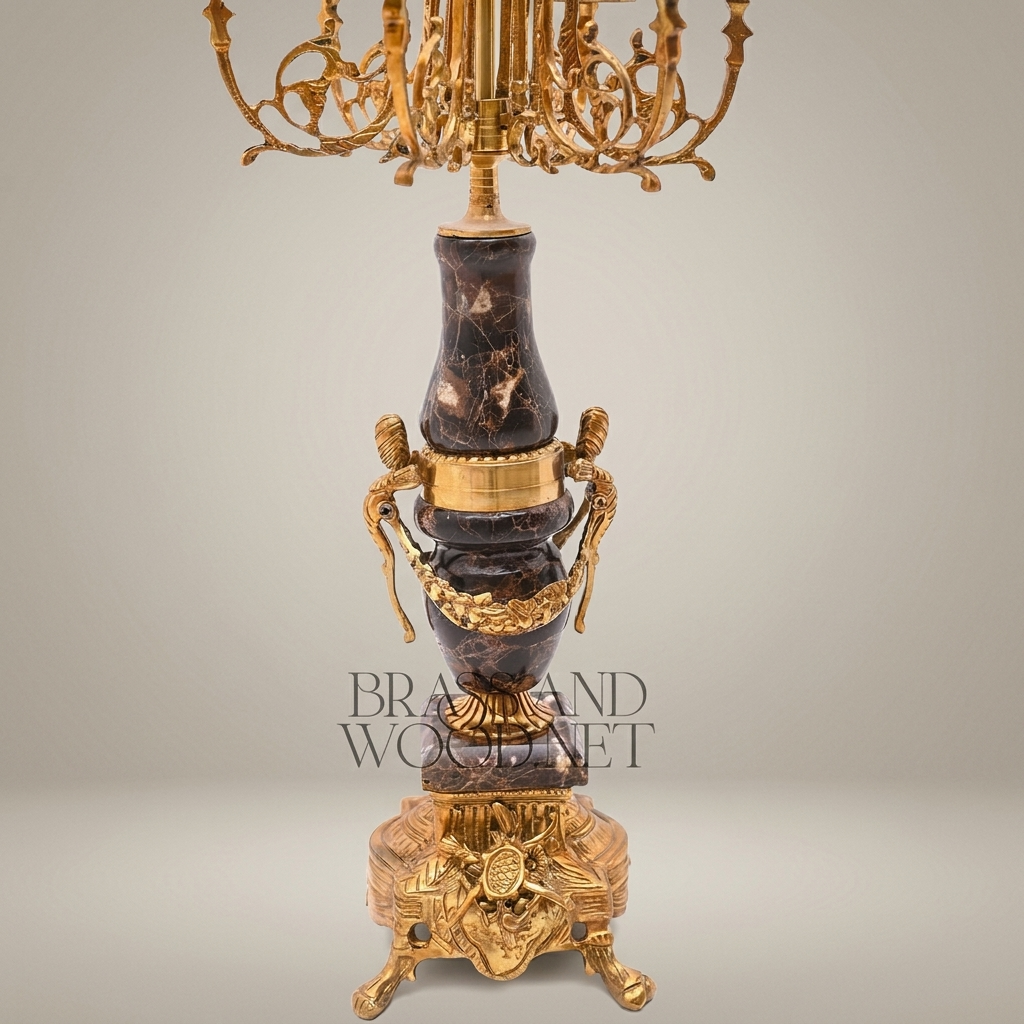 Neoclassical Marble & Brass Mantel Clock Garniture Set with Five-Arm Candelabras