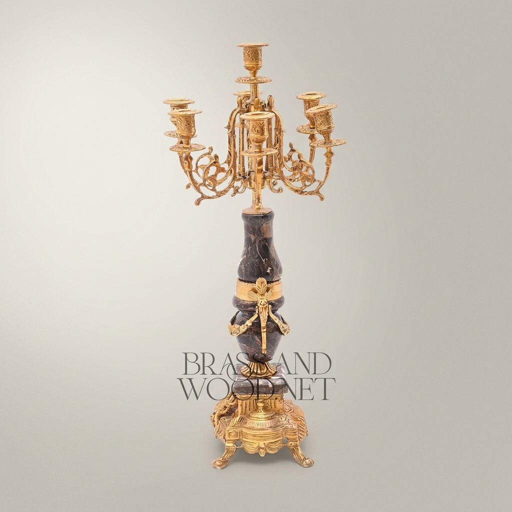 Neoclassical Marble & Brass Mantel Clock Garniture Set with Five-Arm Candelabras