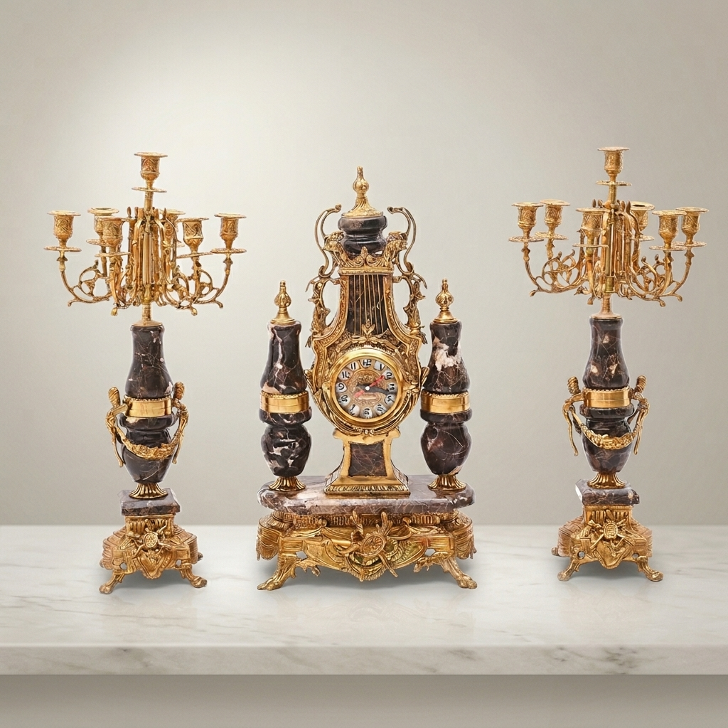 Neoclassical Marble & Brass Mantel Clock Garniture Set with Five-Arm Candelabras