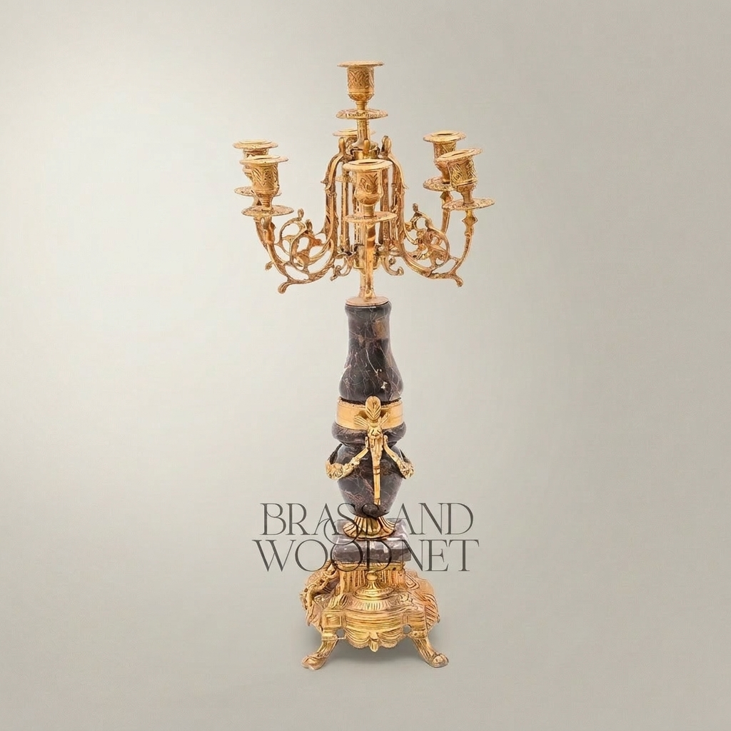 Neoclassical Marble & Brass Mantel Clock Garniture Set with Five-Arm Candelabras