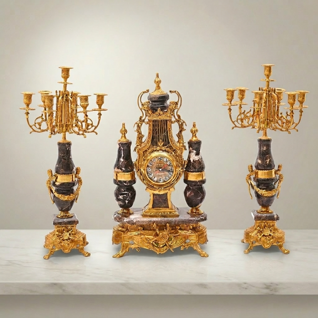 Neoclassical Marble & Brass Mantel Clock Garniture Set with Five-Arm Candelabras