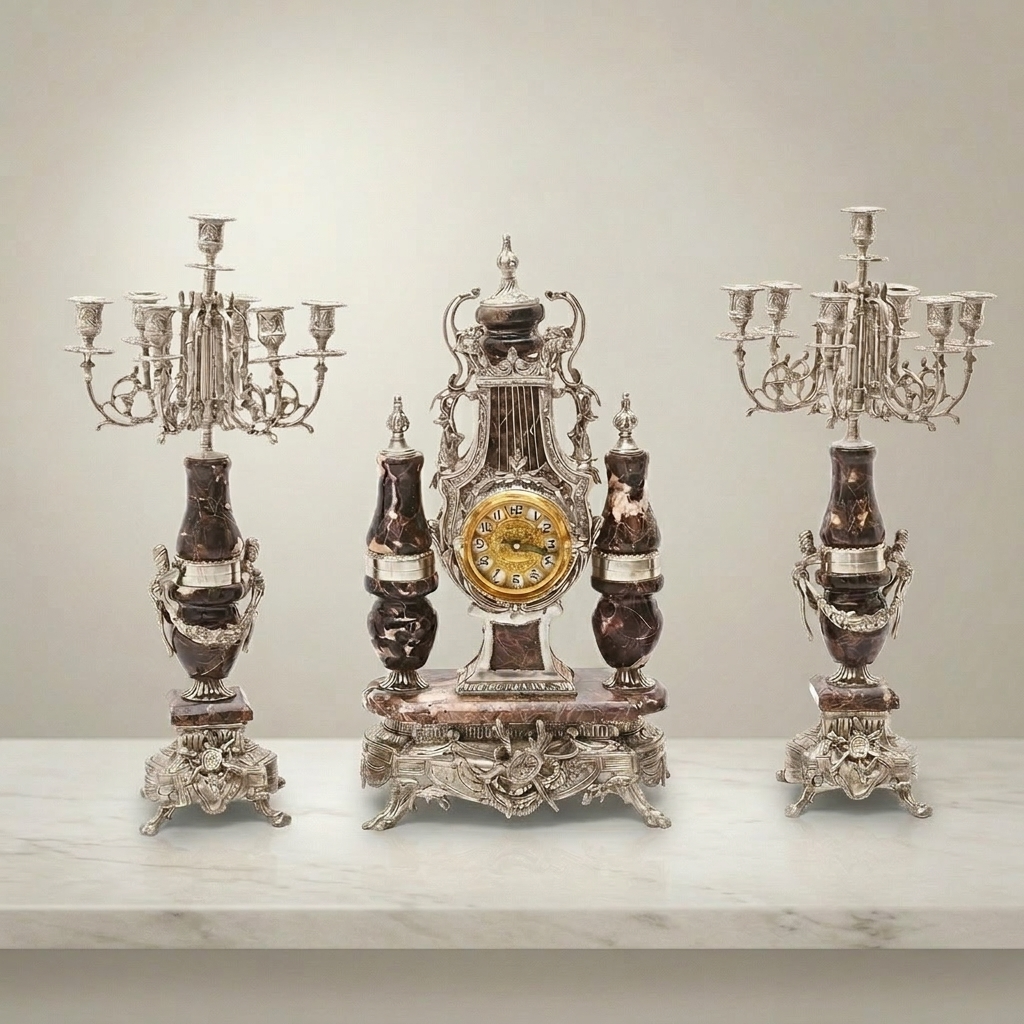 Neoclassical Marble & Brass Mantel Clock Garniture Set with Five-Arm Candelabras