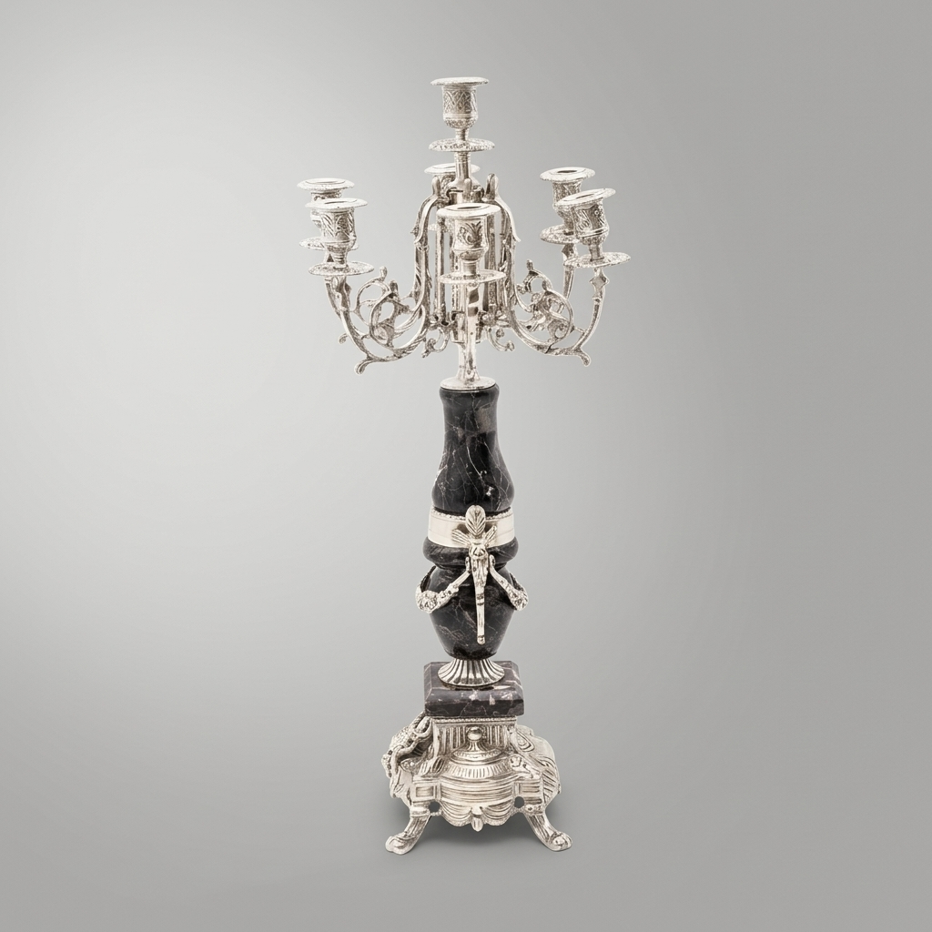 Neoclassical Marble & Brass Mantel Clock Garniture Set with Five-Arm Candelabras