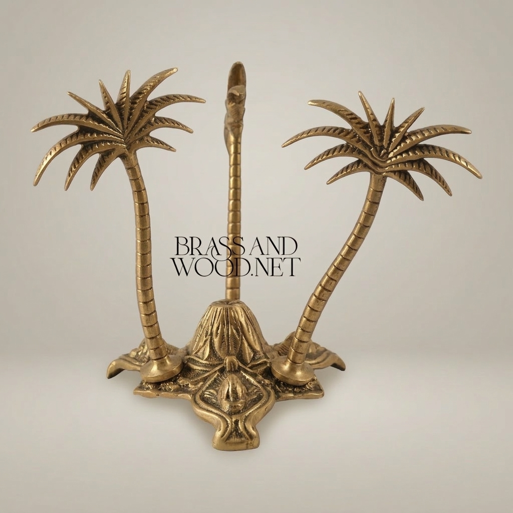 Brass Triple Palm Tree Sculpture with Ornate Elephant Base