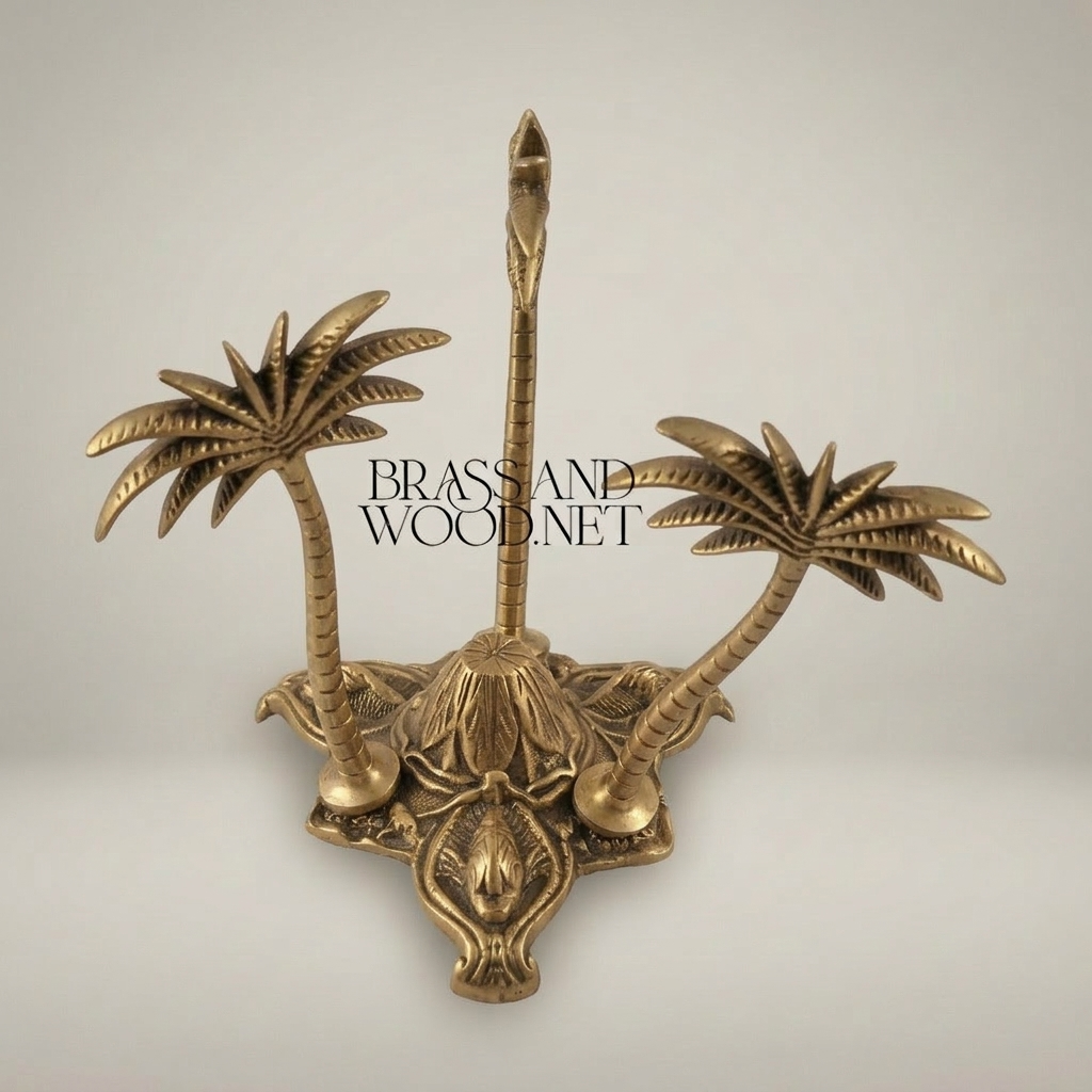 Brass Triple Palm Tree Sculpture with Ornate Elephant Base