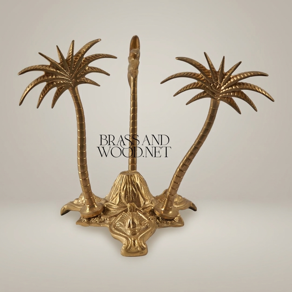 Brass Triple Palm Tree Sculpture with Ornate Elephant Base