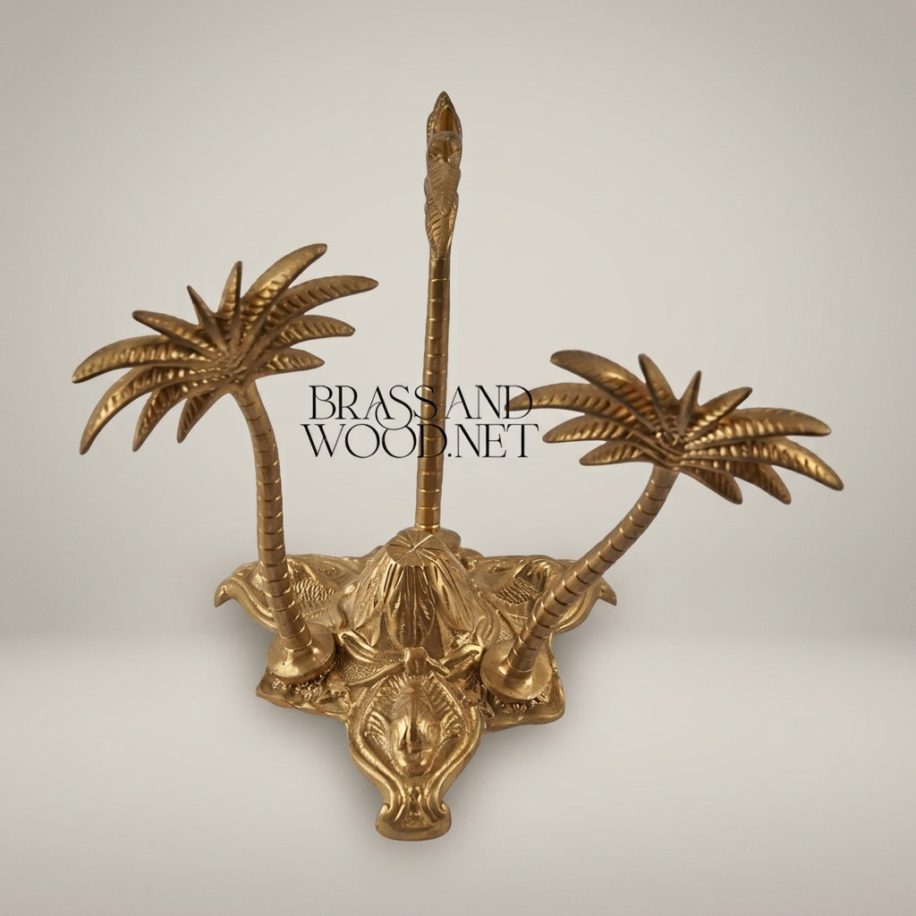 Brass Triple Palm Tree Sculpture with Ornate Elephant Base