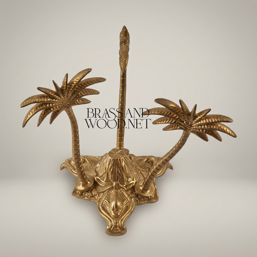 Brass Triple Palm Tree Sculpture with Ornate Elephant Base