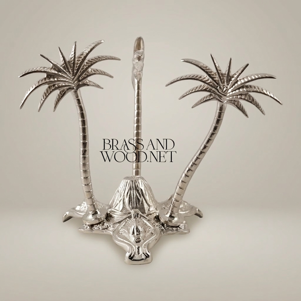 Brass Triple Palm Tree Sculpture with Ornate Elephant Base