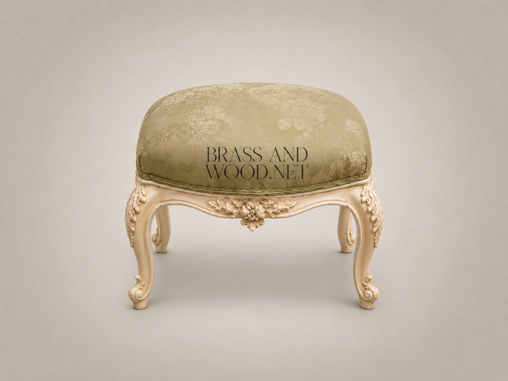 Louis XV Rococo Revival Bedroom Set — Arched Carved Headboard with Sage Damask & Cane Canapé