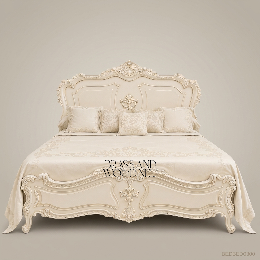 Heritage Louis XV Ivory Lacquer Bed with Carved Rocaille Crest