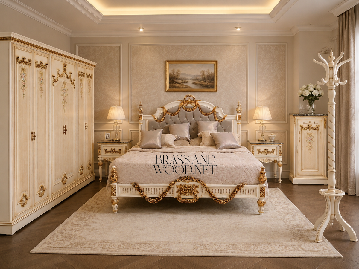 Louis XVI Neoclassical Ivory & Antique Gold Complete Bedroom Set - Rose Garland Crest & Tufted Velvet Headboard