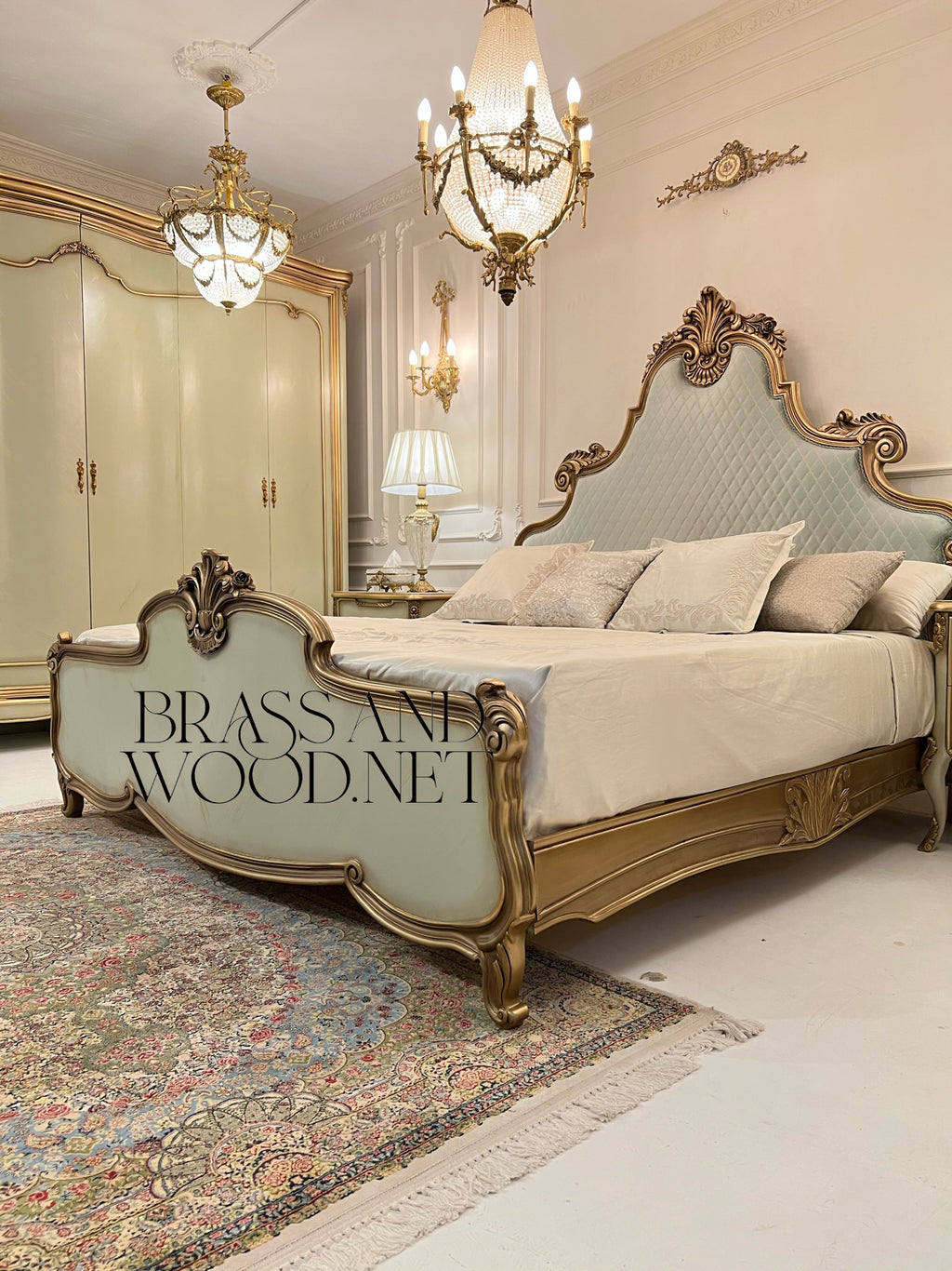 Louis XV Rococo Revival Ivory & Antique Gold Complete Bedroom Suite — Diamond-Tufted Carved Headboard