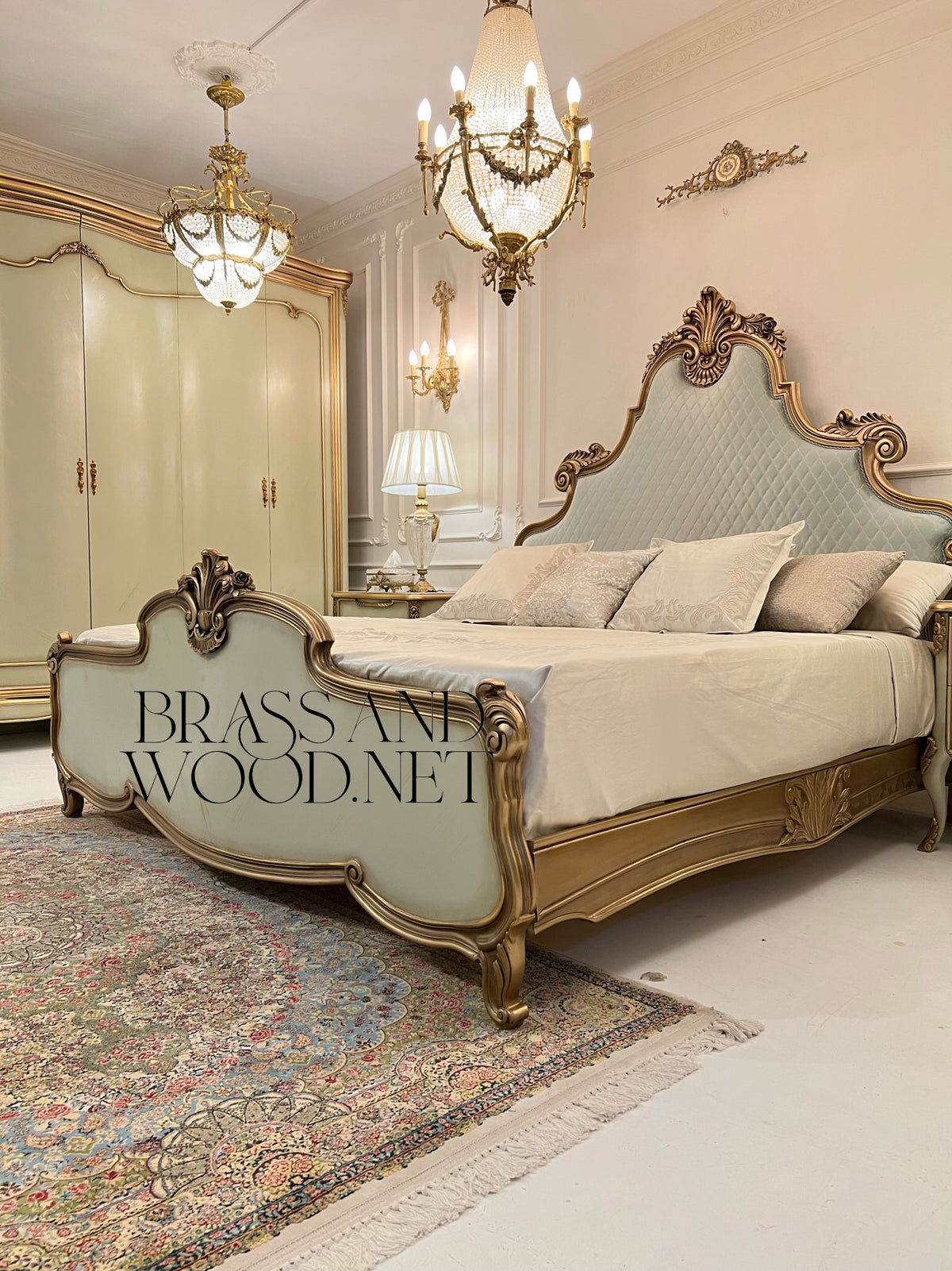 Louis XV Rococo Revival Ivory & Antique Gold Complete Bedroom Suite — Diamond-Tufted Carved Headboard