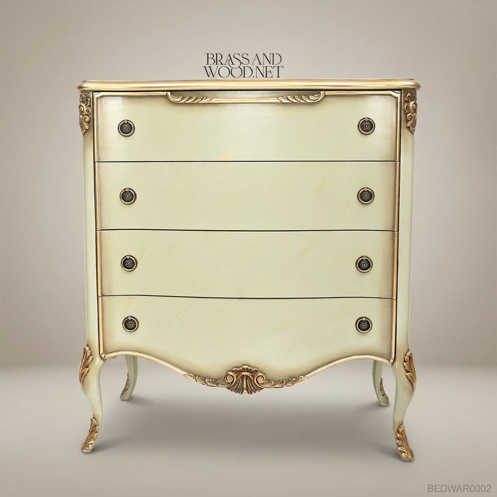 Louis XV Rococo Revival Ivory & Antique Gold Complete Bedroom Suite — Diamond-Tufted Carved Headboard