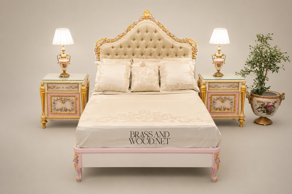 Napoleon III Rococo Revival Bedroom Set — Polychrome Floral Carved Ivory & Gold with Button-Tufted Headboard