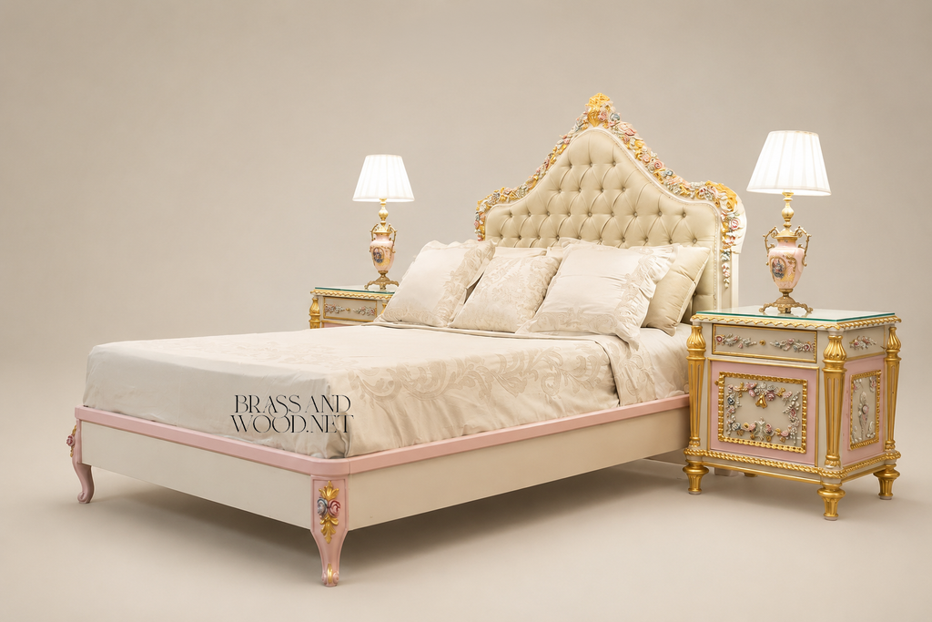 Napoleon III Rococo Revival Bedroom Set — Polychrome Floral Carved Ivory & Gold with Button-Tufted Headboard