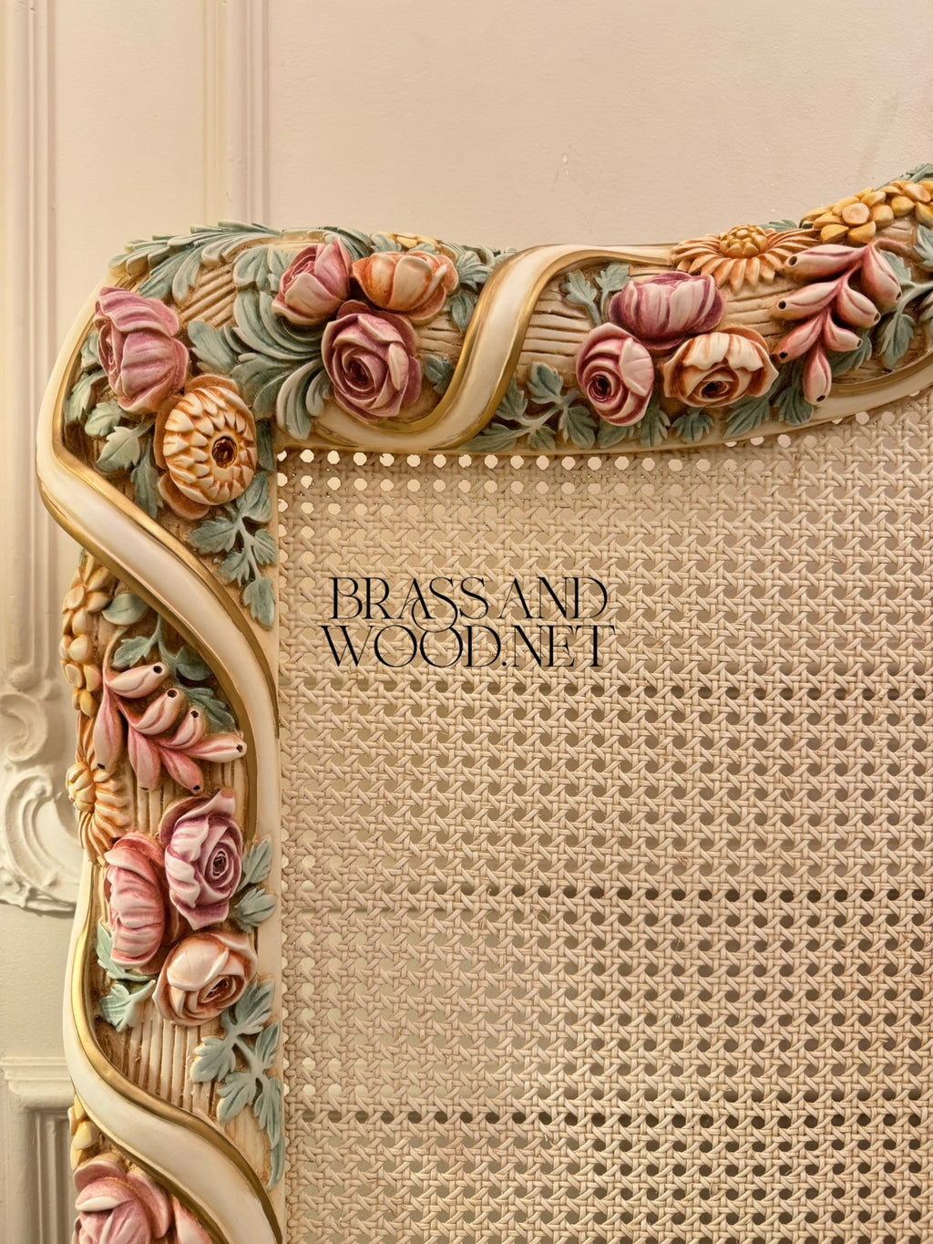 Louis XV Rococo Revival Ivory Bedroom Set — Hand-Carved Polychrome Floral Cane Headboard