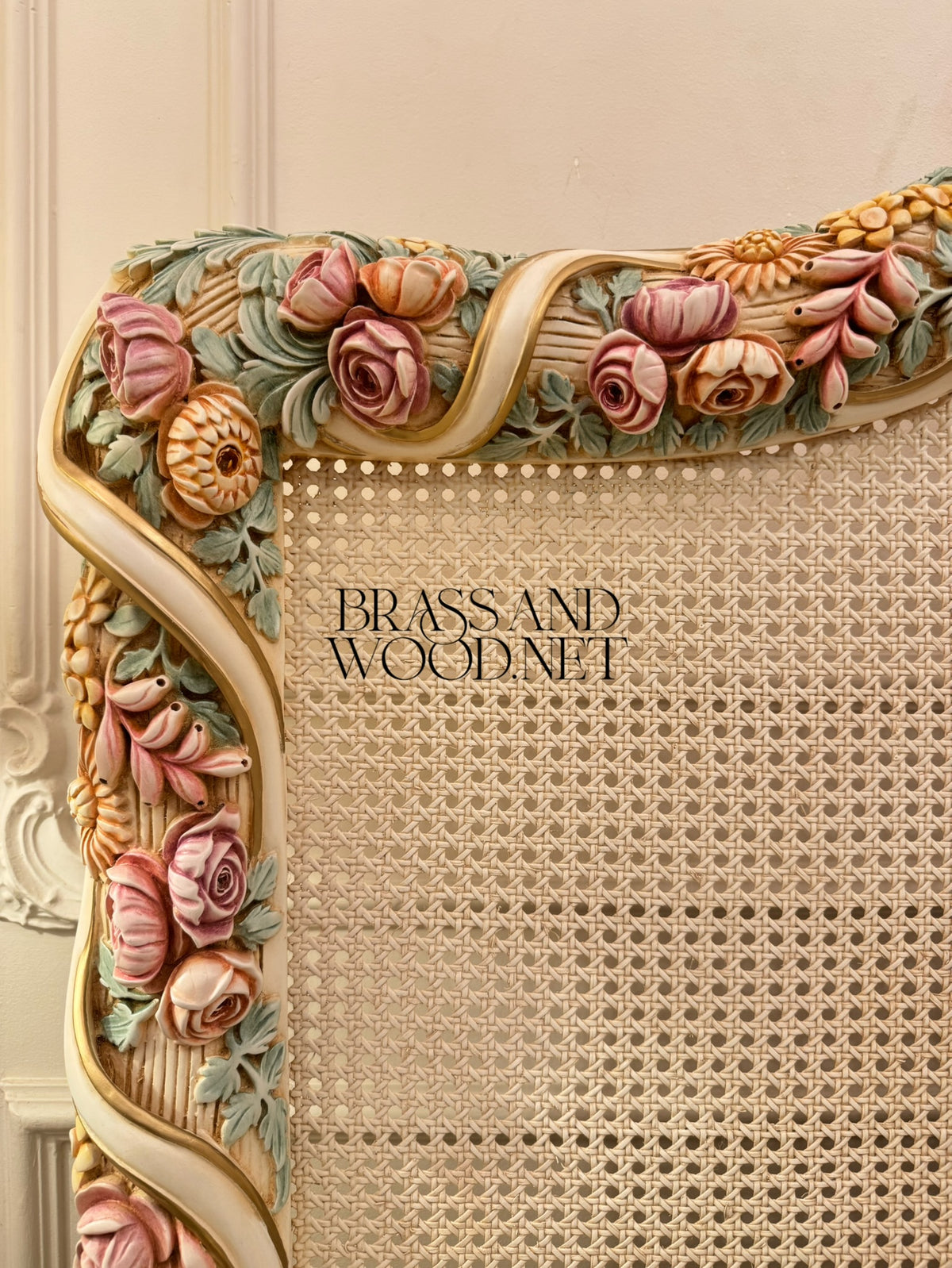 Louis XV Rococo Revival Ivory Bedroom Set — Hand-Carved Polychrome Floral Cane Headboard