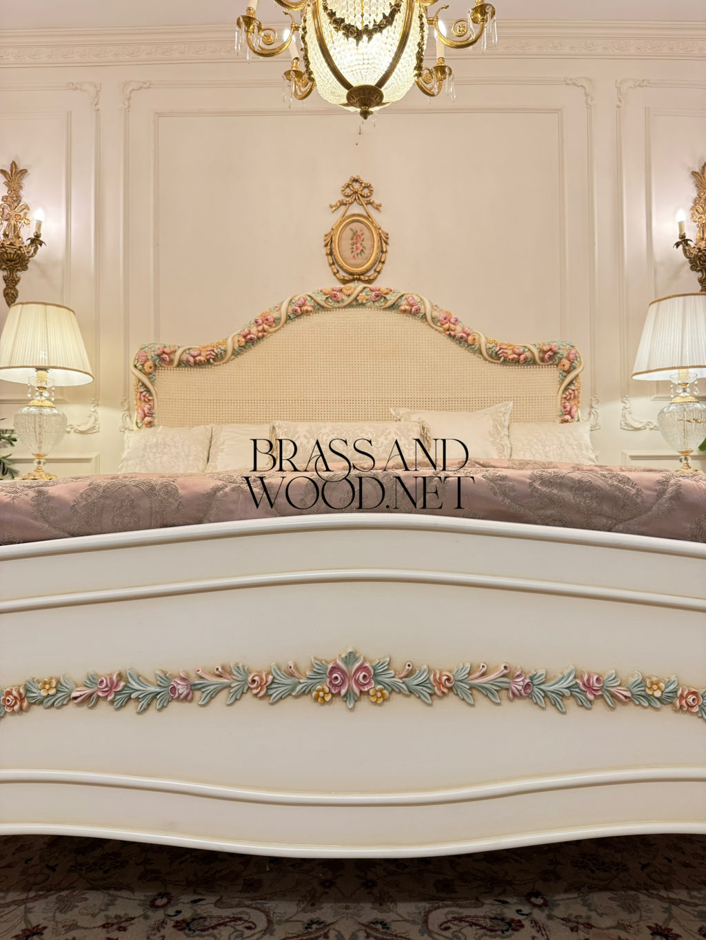 Louis XV Rococo Revival Ivory Bedroom Set — Hand-Carved Polychrome Floral Cane Headboard