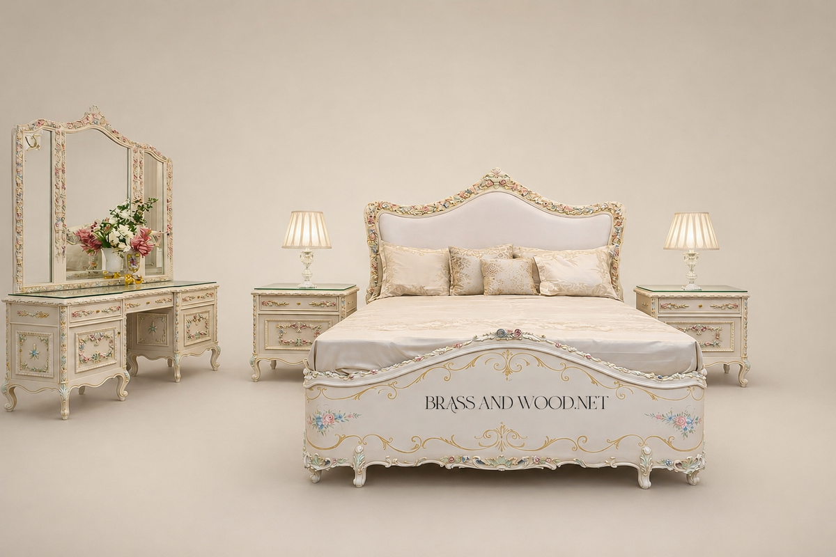 Napoleon III Rococo Revival Hand-Painted Ivory Bedroom Set - Polychrome Floral Carved Suite