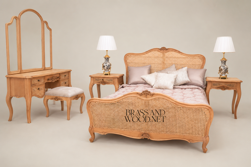 French Provincial Rococo Cane & Carved Wood Bedroom Set - Arched Headboard with Tri-Fold Mirror