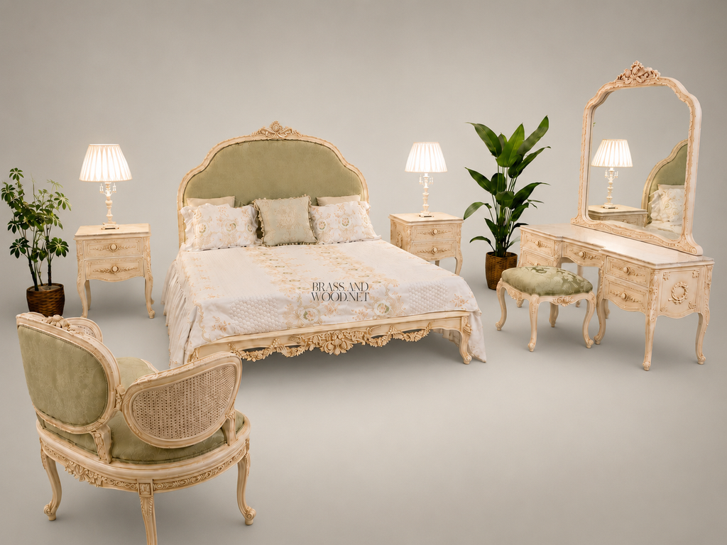 Louis XV Rococo Revival Bedroom Set — Arched Carved Headboard with Sage Damask & Cane Canapé