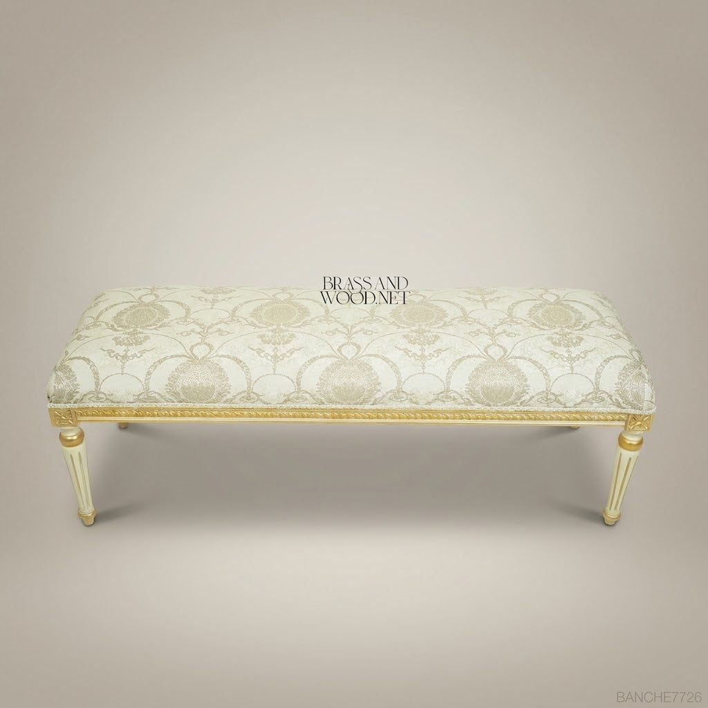 Louis XVI Neoclassical Ivory & Gold Bedroom Set — Fluted Legs with Damask Upholstery