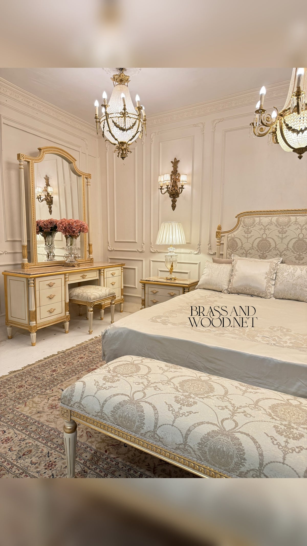 Louis XVI Neoclassical Ivory & Gold Bedroom Set — Fluted Legs with Damask Upholstery