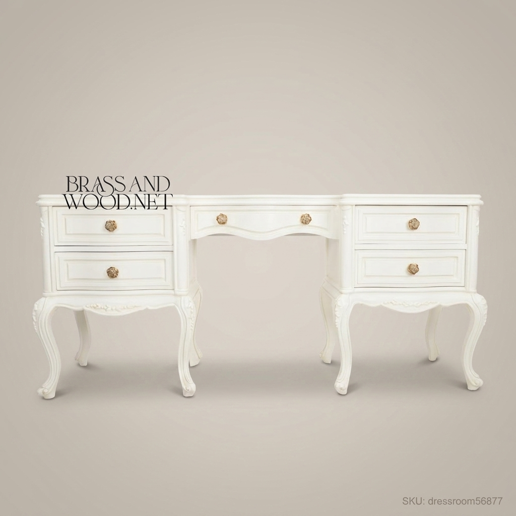 French Rococo Revival White Lacquered Bedroom Set - Scrolled Cabriole Legs & Rose Hardware