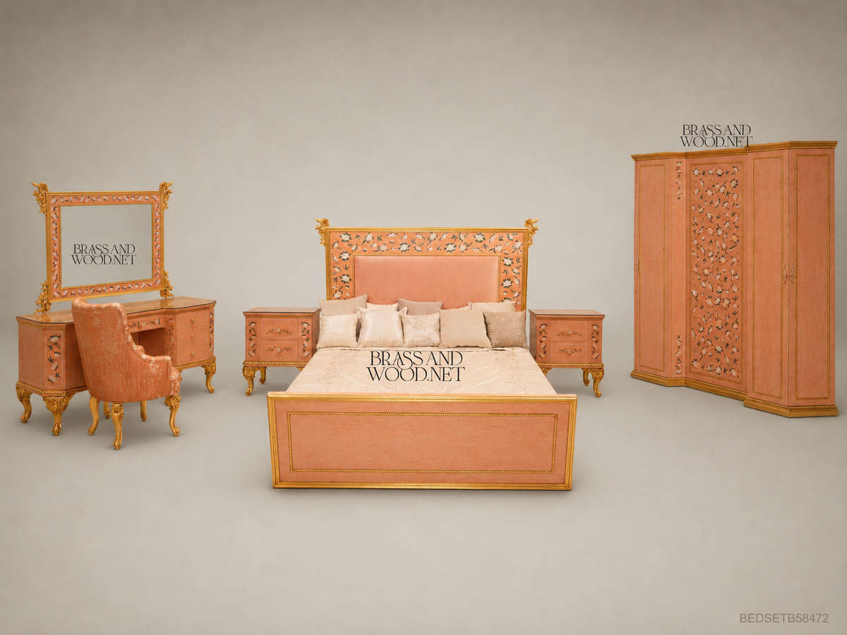 Belle Époque Floral Inlay Complete Bedroom Set — Coral Lacquer & Gold Leaf Carving