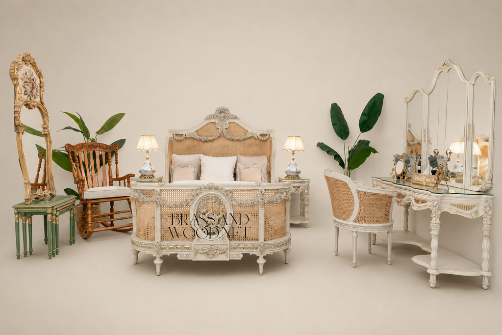 Louis XVI Neoclassical Cane & Carved Wood Bedroom Set - Antique White with Floral Swag Panels