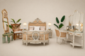 Louis XVI Neoclassical Cane & Carved Wood Bedroom Set - Antique White with Floral Swag Panels