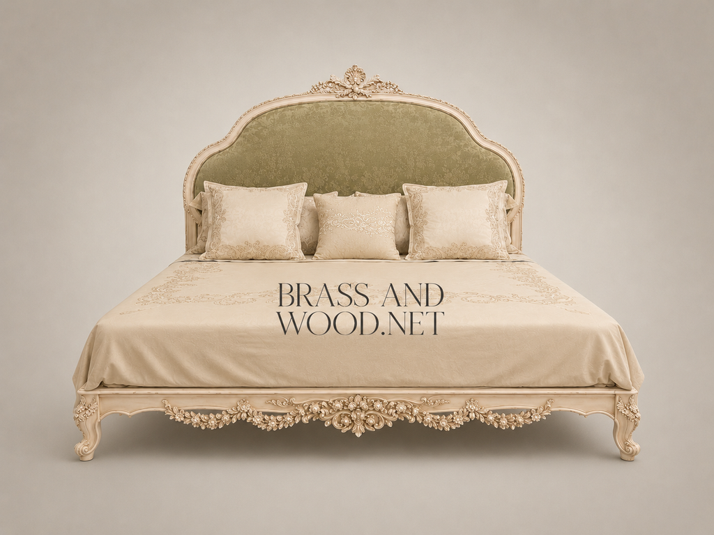 Louis XV Rococo Revival Bedroom Set — Arched Carved Headboard with Sage Damask & Cane Canapé