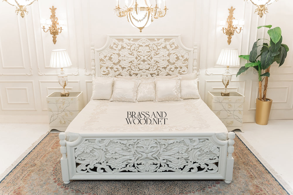 Napoleon III Rococo Revival White Lacquered Bedroom Set - Carved Acanthus & Hand-Painted Blossom Nightstands