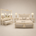 Napoleon III Rococo Revival Carved Ivory Bedroom Set - Cartouche Medallion Footboard & Cabriole Legs