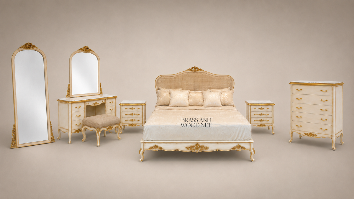 Ivory and Gold Leaf Louis XV Bedroom Set