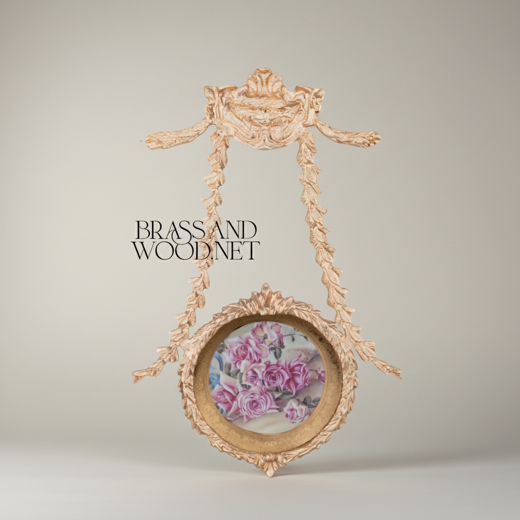 Louis XVI Neoclassical Brass Hanging Plate Frame - Laurel Swag Suspension