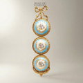 Rococo Triple Porcelain Medallion Brass Wall Plaque - Ribbon Crown & Floral Cartouche