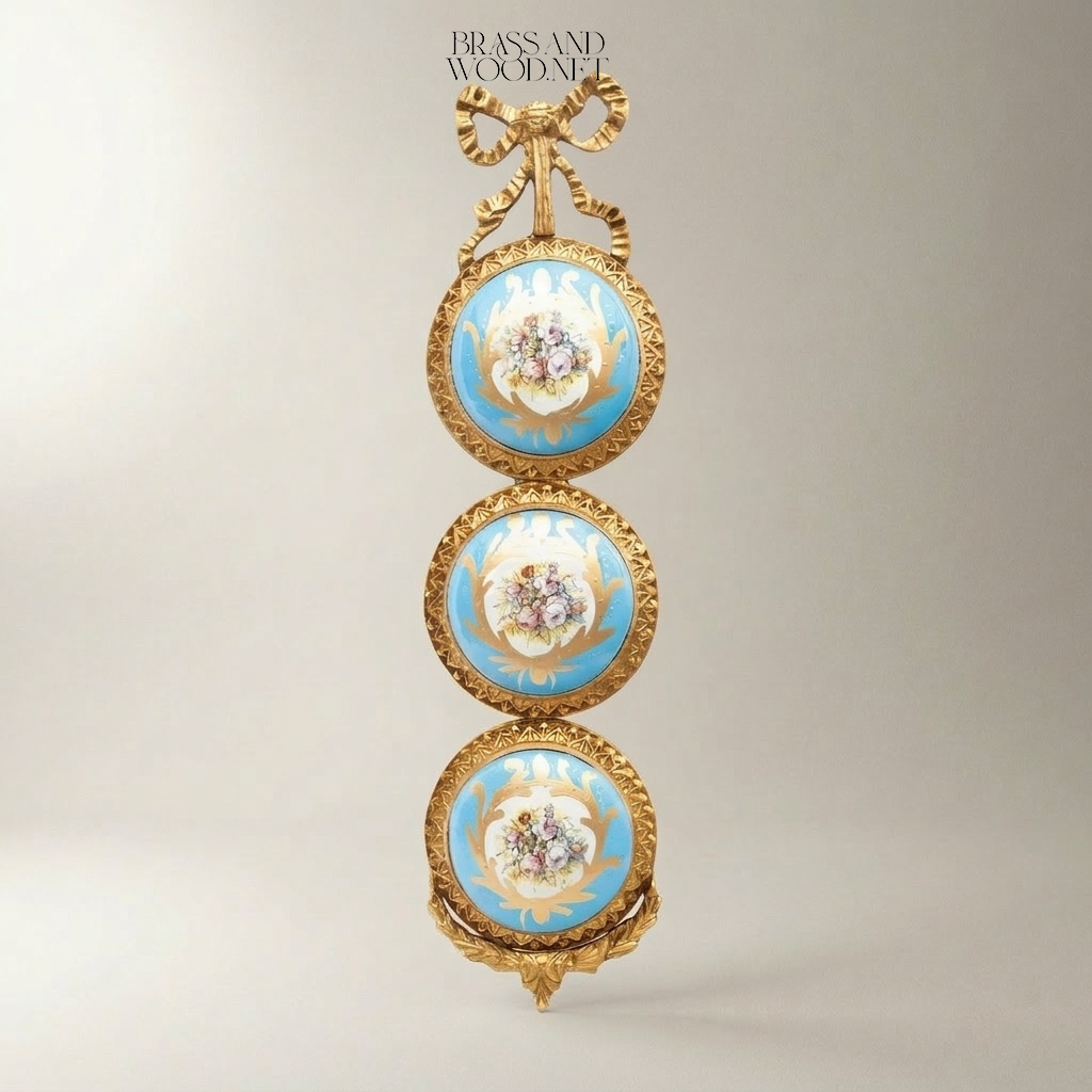 Rococo Triple Porcelain Medallion Brass Wall Plaque - Ribbon Crown & Floral Cartouche
