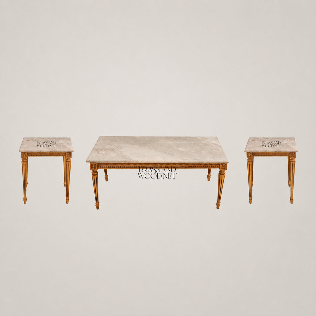 Louis XVI Gold Leaf & Marble Coffee and Corner Table Set