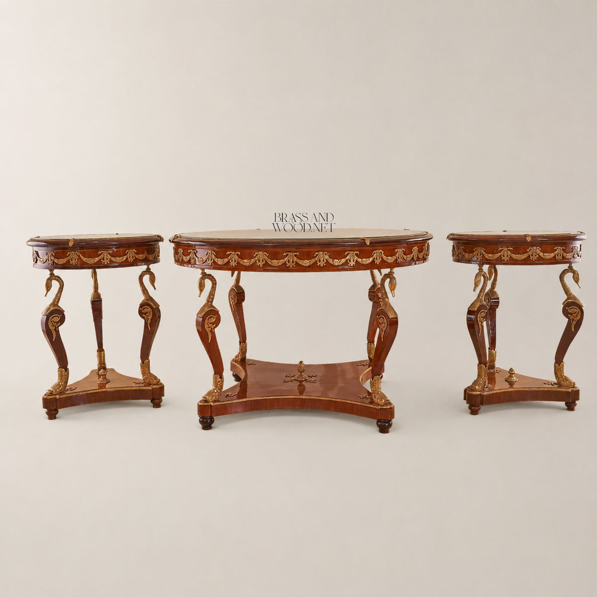 Empire Swan-Leg Mahogany & Gilt Bronze Table Set