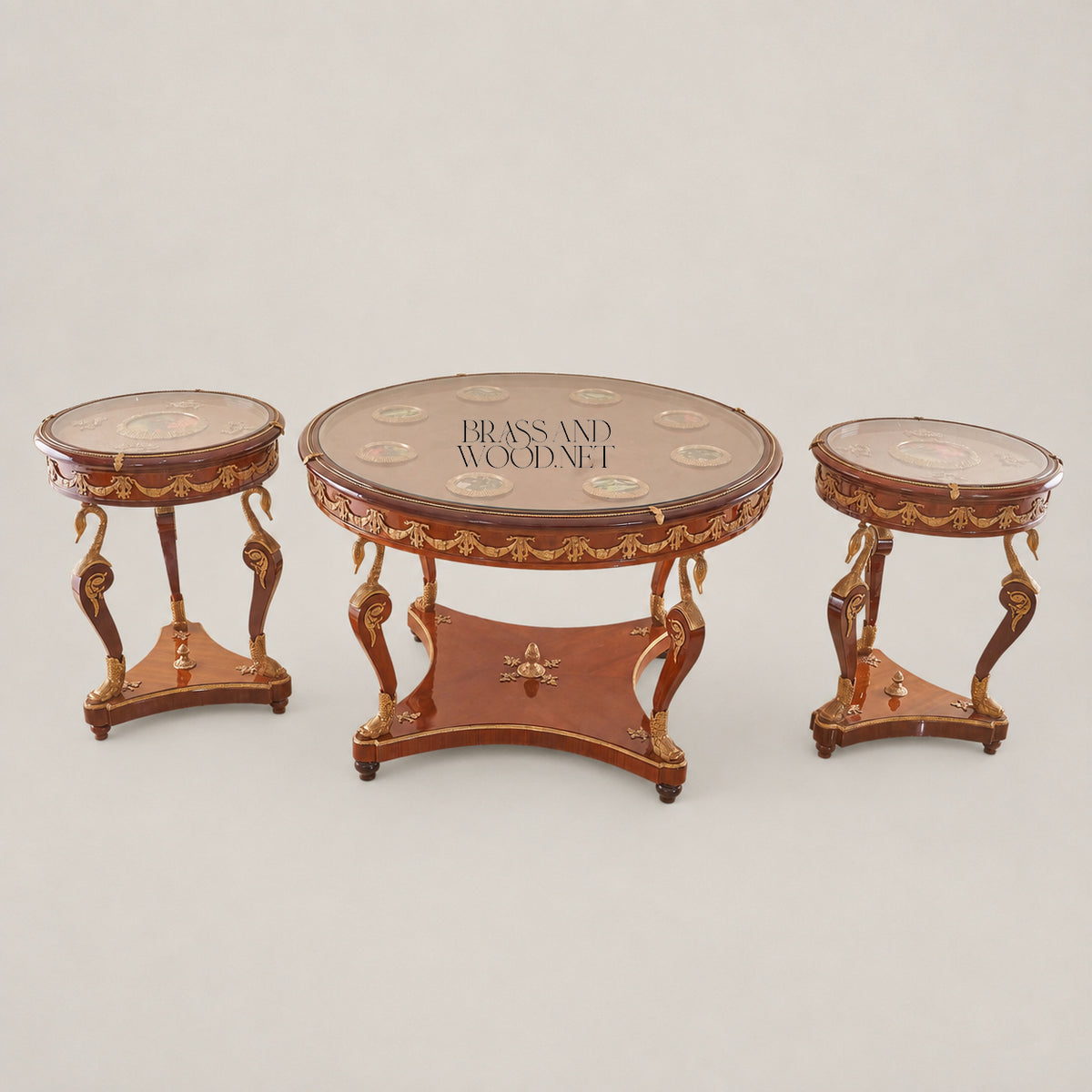 Empire Swan-Leg Mahogany & Gilt Bronze Table Set