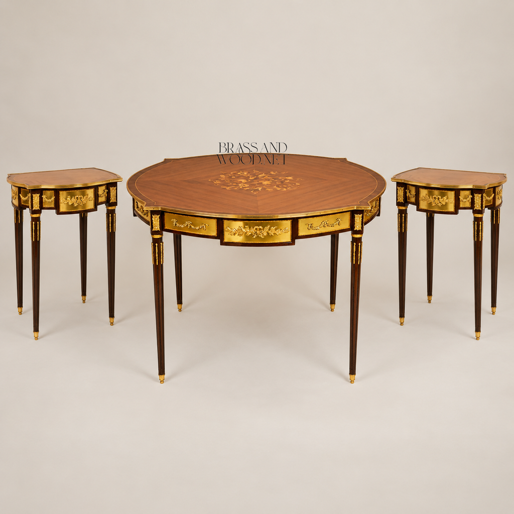 Louis XVI Gilt Bronze & Marquetry Medallion Table Set