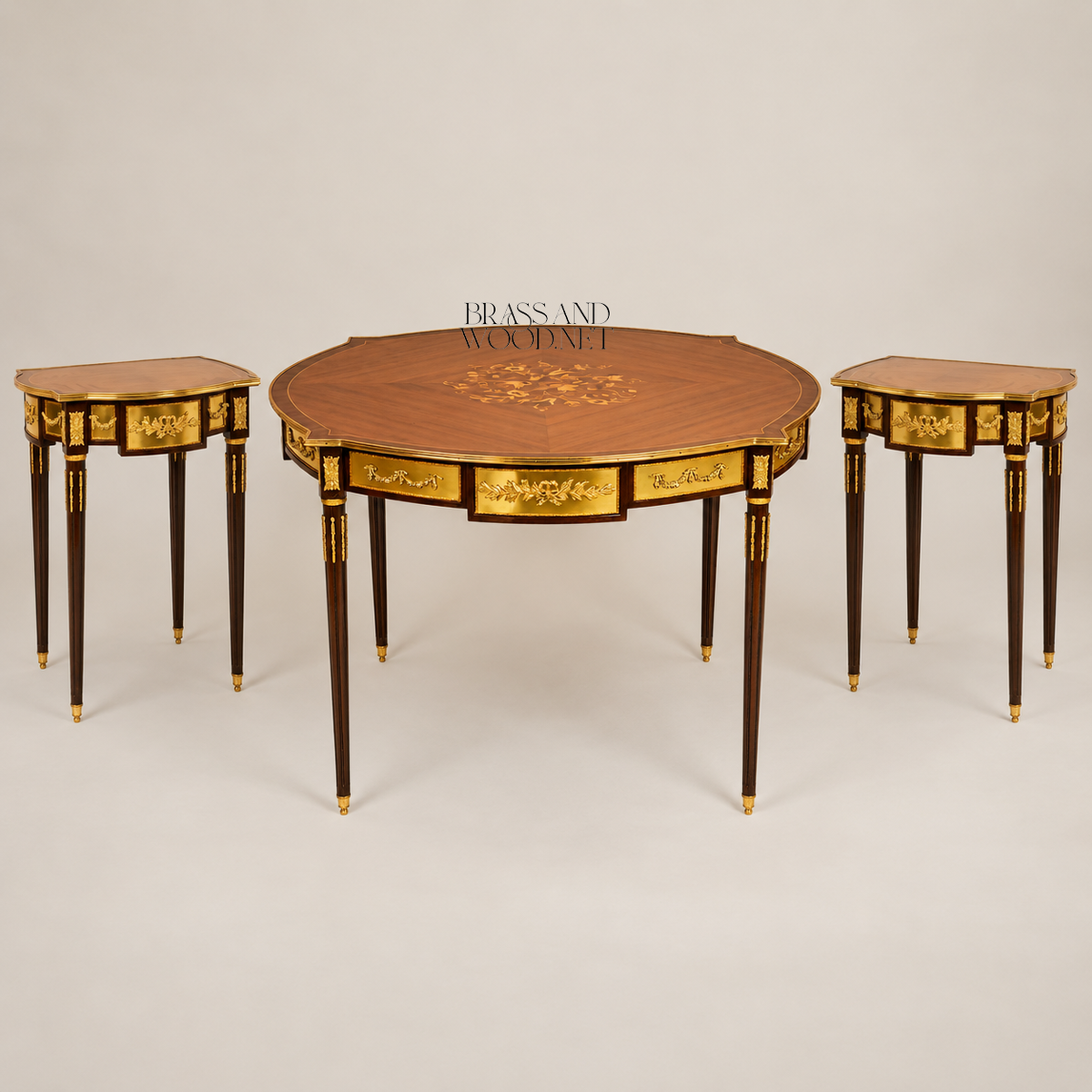 Louis XVI Gilt Bronze & Marquetry Medallion Table Set