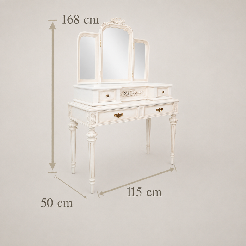Louis XVI Trifold-Mirror Dressing Table with Carved Ribbon Crest in Ivory