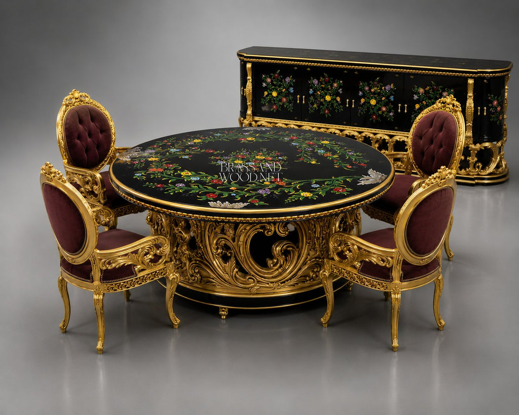 Rococo Floral Lacquered Dining Set with Gilt Carved Buffet