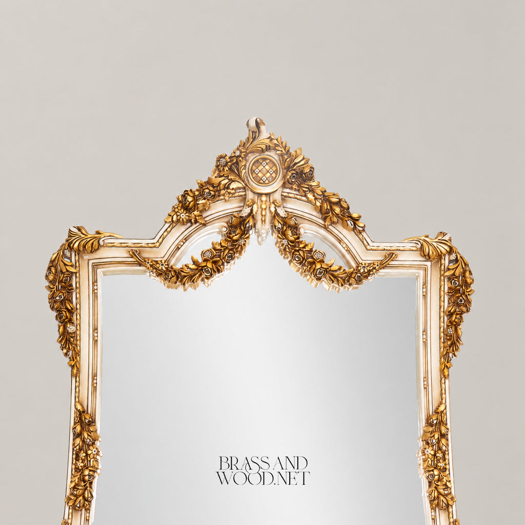 Belle Époque Gilded Wood Console Table - Carved Floral Swags, Marble Top & Mirror