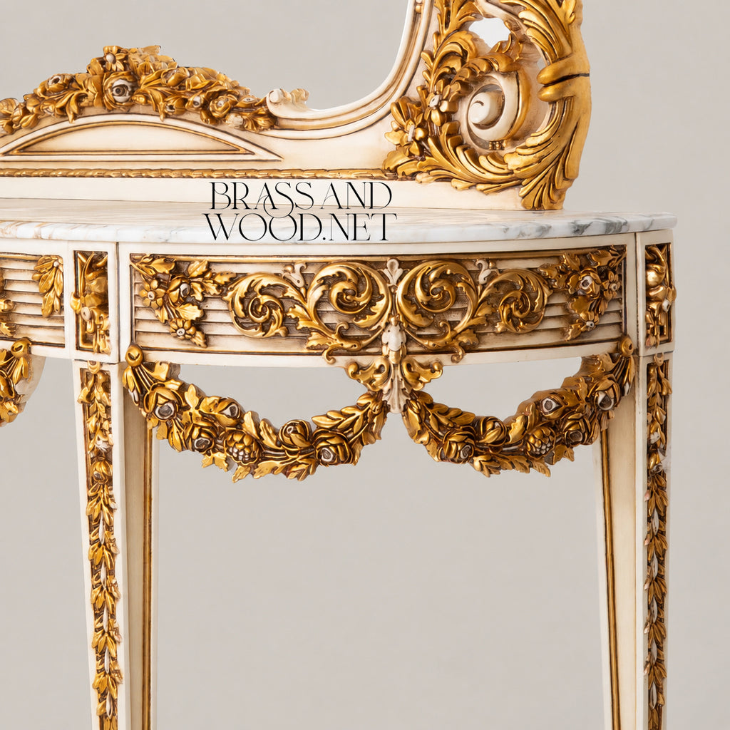 Belle Époque Gilded Wood Console Table - Carved Floral Swags, Marble Top & Mirror
